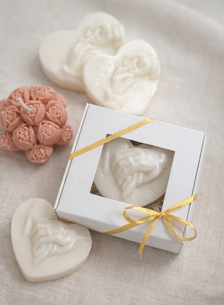 Bomboniera per matrimonio: candela a forma di cuore in cera di soia in scatola bianca con nastro dorato, accanto a una candela a bouquet di rose rosa