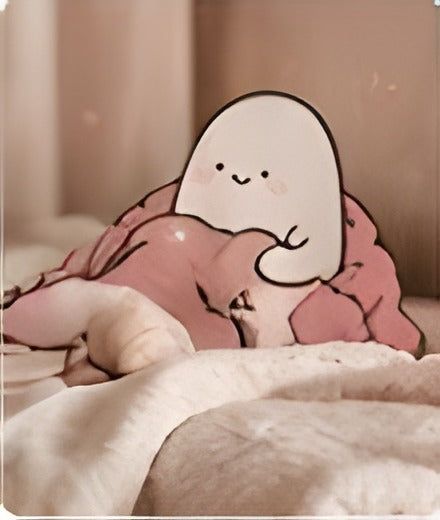 Carol illustrata avvolta in una coperta rosa su un letto